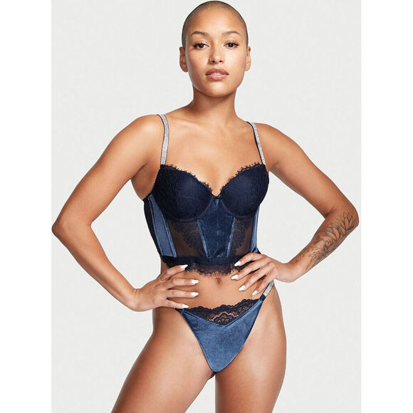 Victoria's Secret LONGLINE 34D,36D BRA SET CORSET+ROBE VELVET Velour NAVY BLUE - Picture 2 of 11